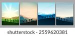 Vector illustration. Set of landscapes with a group of hikers climbing, equipped with backpacks and walking sticks. Concept of adventure, discovery, and exploring nature. Design for poster, cover