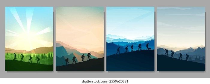 Vector illustration. Set of landscapes with a group of hikers climbing, equipped with backpacks and walking sticks. Concept of adventure, discovery, and exploring nature. Design for poster, cover