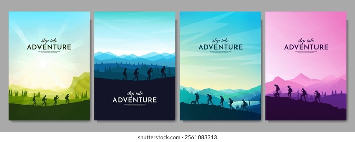 Vector illustration. Set of landscapes with a group of hikers climbing, equipped with backpacks and walking sticks. Concept of adventure, discovery, and exploring nature. Design for poster, cover