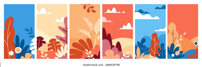 Vector illustration set of landscapes in minimalistic flat style. Nature in trendy bright colors. forest, leaves and flowers, floral backgrounds