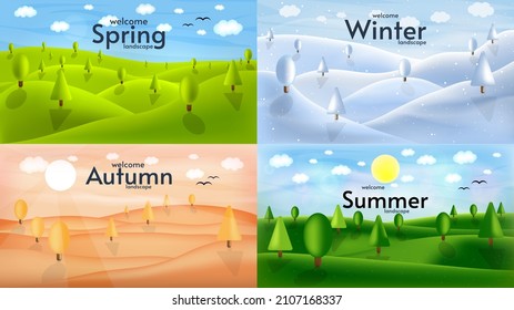 Vector illustration. Set of landscapes. Spring, winter, autumn, summer wallpapers. 3d graphic style. Design for poster, banner, background, business card, web, greeting card. 