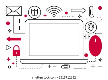 vector illustration set of laptop, lock, virus protection, email, wifi, location, internet, lines, sircles.