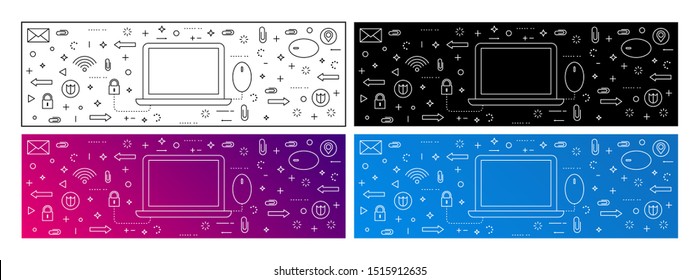 vector illustration set of laptop, lock, virus protection, email, wifi, location, internet, lines, circles.