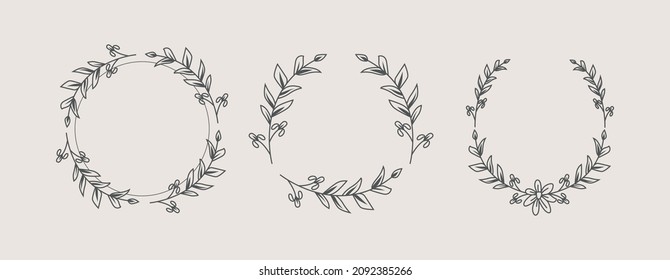 Vector illustration set of laurels frames branches. Vintage laurel wreaths collection. Hand drawn laurel leaves decorative elements. Leaves, swirls, ornate, award, icon background.