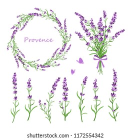 Vector illustration set of lavender flowers, bouquet, wreath and elements of design for greeting card on white background in retro flat style, provence concept.