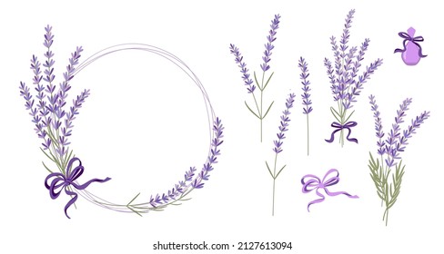 Ilustración vectorial de flores de lavanda, ramo, corona y elementos de diseño para tarjeta de saludo sobre fondo blanco en estilo retro plano, concepto de provence.