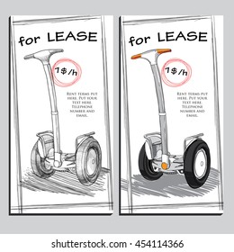 Vector illustration of set Lease Brochure Hand drawn Electric scooter with price. Template for rent design.