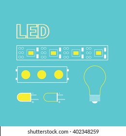 Vector illustration: set of LEDs object, including LED module, LED stripe, LED diode and bulb