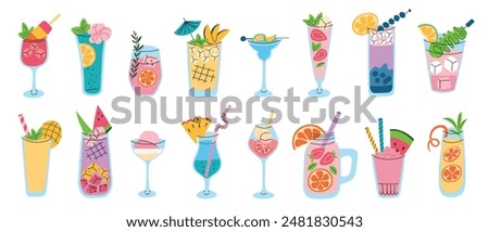 Vector illustration set of lemonade, cocktails, mocktails with various flavors for parties, summer drinks with watermelon, strawberry, iced beverages with cucumber and mango. Cute colorful flat design