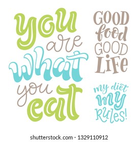 Vector illustration set of lettering quotes. Graphic design for restaurant, cafe, menu, recipes. Unique elements for stickers, cards, prints. Hand drawn typography phrases about food, cooking