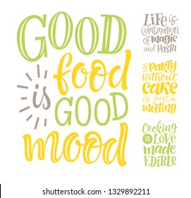 Vector illustration set of lettering quotes. Graphic design for restaurant, cafe, farm, market, menu, recipes. Unique calligraphy for stickers, cards, prints. Hand drawn phrases about food, cooking