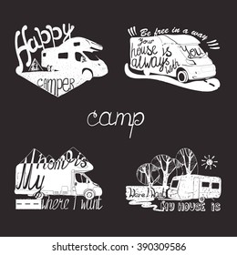Vector illustration of set lettering travel, typographic, camp calligraphy, silhouette tent, camping.