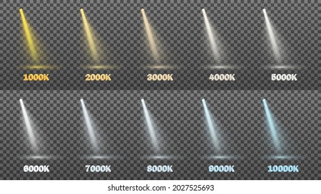 Vector illustration set of light from lamps, spotlights. Color temperature from 1000 to 10000 Kelvin.