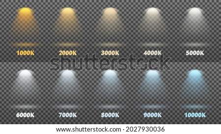 Vector illustration set of light from lamps, spotlights. Color temperature from 1000 to 10000 Kelvin.