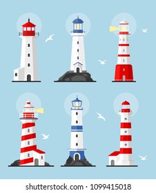 Vector illustration set of lighthouses, path lighting. Searchlight towers with a beam of searchlight for marine navigation of ships. Flat lighthouse buildings icon.