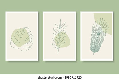Ilustración vectorial conjunto de hojas de arte de línea en estilo moderno en color verde monocromo.
