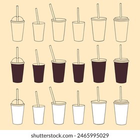 Vector illustration set of line art disposable coffee and tea paper and plastic cups