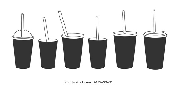 Vektorillustration-Set von Line Art Einweg-Kaffee- und Teepapier und Plastikbecher