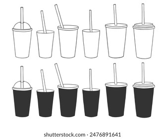 Juego de Ilustración vectorial de arte de línea de café desechable y té de papel y tazas de plástico