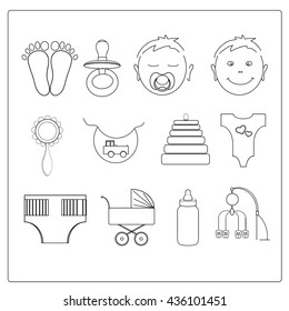 Vector illustration of set line baby icons.