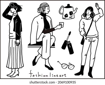 Vector illustration set of line drawings of stylish women