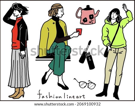 Vector illustration set of line drawings of stylish women