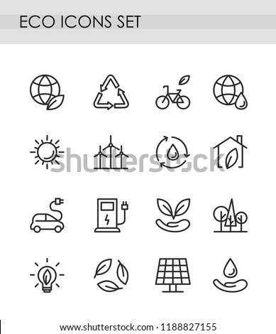 Vector illustration set of line eco icons. Green technologies concept. recycling, alternative energy, electrocar icons collection. environmental protection, eco care isolated on white background.