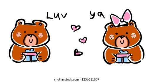 Vector illustration, set of line hand drawn girl and boy bears with gifts and hearts. Lettering "LUV YA". Applicable for Saint Valentine's Day and love concepts, greeting cards, banners, flyers etc.