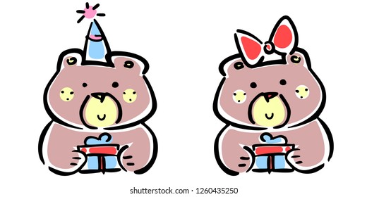 Vector illustration, set of line hand drawn brown bears with a gifts and Happy Birthday hat. Applicable for free gift promo concepts, celebration designs, greeting cards, banners etc.