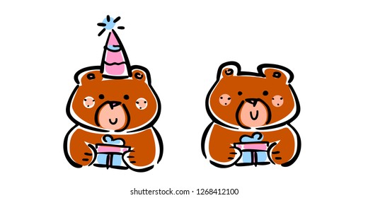 Vector illustration, set of line hand drawn brown bears with a gifts and Happy Birthday hat. Applicable for free gift promo concepts, celebration designs, greeting cards, banners etc.