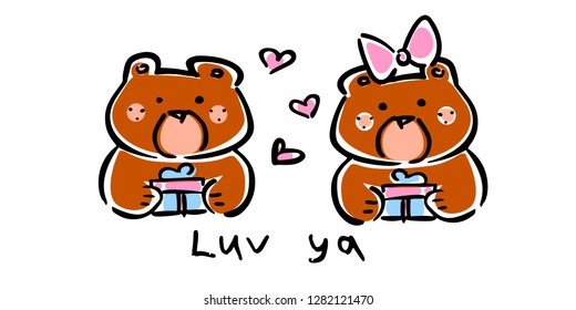 Vector illustration, set of line hand drawn girl and boy bears with gifts and hearts. Lettering "LUV YA". Applicable for Saint Valentine's Day and love concepts, greeting cards, banners, flyers etc.