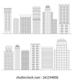 Vector illustration Set of line skyscrapers. Black and white