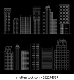 Vector illustration Set of line skyscrapers. Black and white