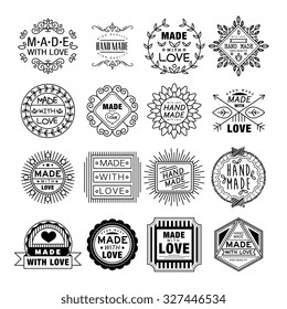 Vector illustration set of linear badges and logo design elements - hand made, made with love and handcrafted