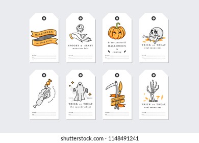 Vector illustration set of linear icons for Happy Halloween. Happy Halloween gift tags on white background