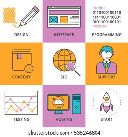 Vector illustration of a set of linear icons web design . Thin icon creation and support . Business illustration.