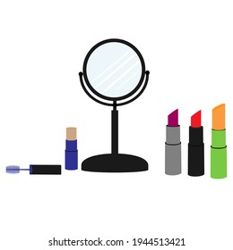 Vector illustration with a set of lipsticks in different colors. Make-up mirror and decorative cosmetics on a white background.