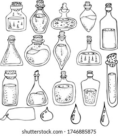 Vector illustration of a set of liquid bottles, label and drops in the Doodle style. Black outline on a white background. Concept of medicine, laboratory, chemistry, science, magic