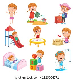 Vector Illustration Set Of Little Girl Daily Routines