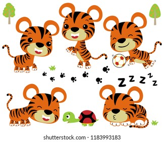 Vector illustration set of little tiger cartoon in different activity with turtle. Eps 10