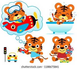 Vector illustration set of little tiger cartoon in different activity