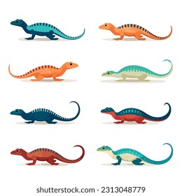 Vector illustration of a set of lizards in a flat design, minimalism style. Gecko, chameleon, and iguana as your inspiration