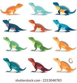 Vector illustration of a set of lizards in a flat design, minimalism style. Gecko, chameleon, and iguana as your inspiration