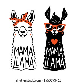 Vector illustration set with llama animal and lettering phrase Mama Llama. Funny typography poster, apparel print, mother day greeting card design