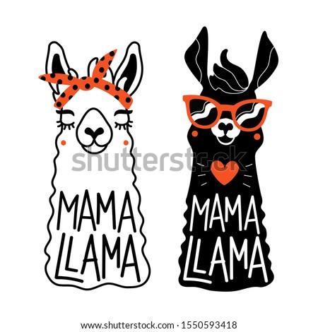 Vector illustration set with llama animal and lettering phrase Mama Llama. Funny typography poster, apparel print, mother day greeting card design