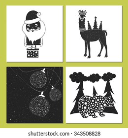 Vector illustration set with llama, bear, balls and Santa Claus. Christmas and New Year greeting cards, badge templates. Vintage style typography posters. Hipster trendy print designs. Winter art