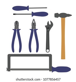 Vector illustration. A set of locksmith: pliers, hammer, screwdrivers, wrench, hacksaw on a white background.