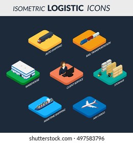 Vector illustration. Set of logistics icons. Infographics of the chain of delivery. Isometric, 3D. Freight train, ship, plane, truck, operator service, warehouse, storage