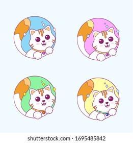 Vector illustration set logo of cute cat. Doodle cartoon style.