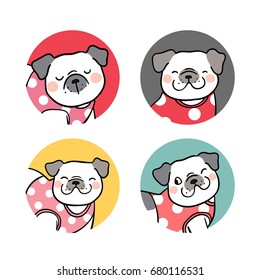 Vector illustration set logo of cute pug.Different pose.
